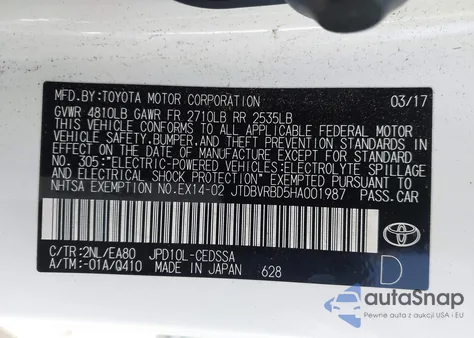 2017 Toyota Mirai из США, поврежденный, VIN JTDBVRBD5HA001987